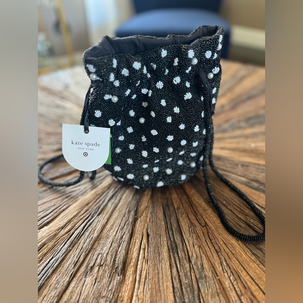 Kate Spade NWT spade Black Drawstring Kids Bag with White Pearl Dots
